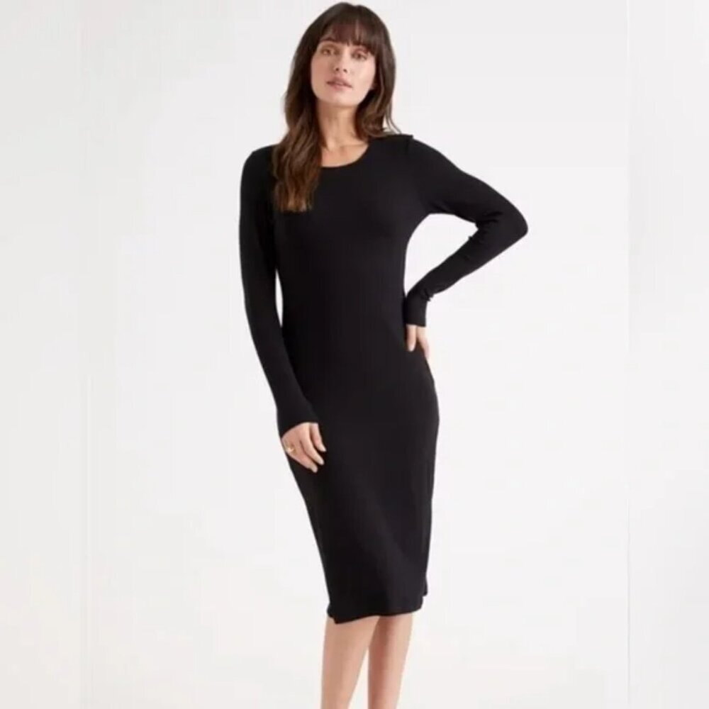 Quince Tencel Ribbed Long Sleeve Dress Black Size Medium